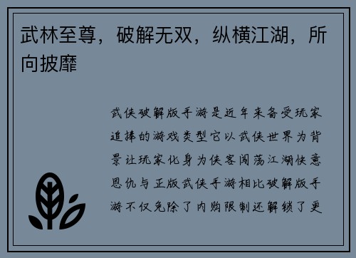 武林至尊，破解无双，纵横江湖，所向披靡