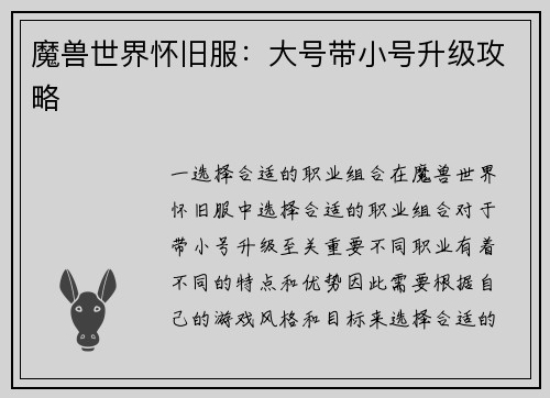 魔兽世界怀旧服：大号带小号升级攻略