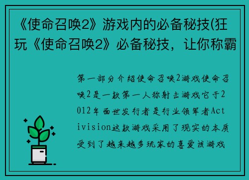 《使命召唤2》游戏内的必备秘技(狂玩《使命召唤2》必备秘技，让你称霸游戏战场)