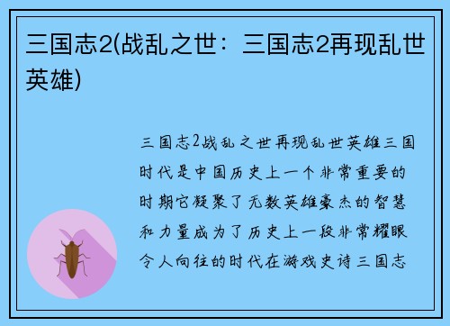 三国志2(战乱之世：三国志2再现乱世英雄)